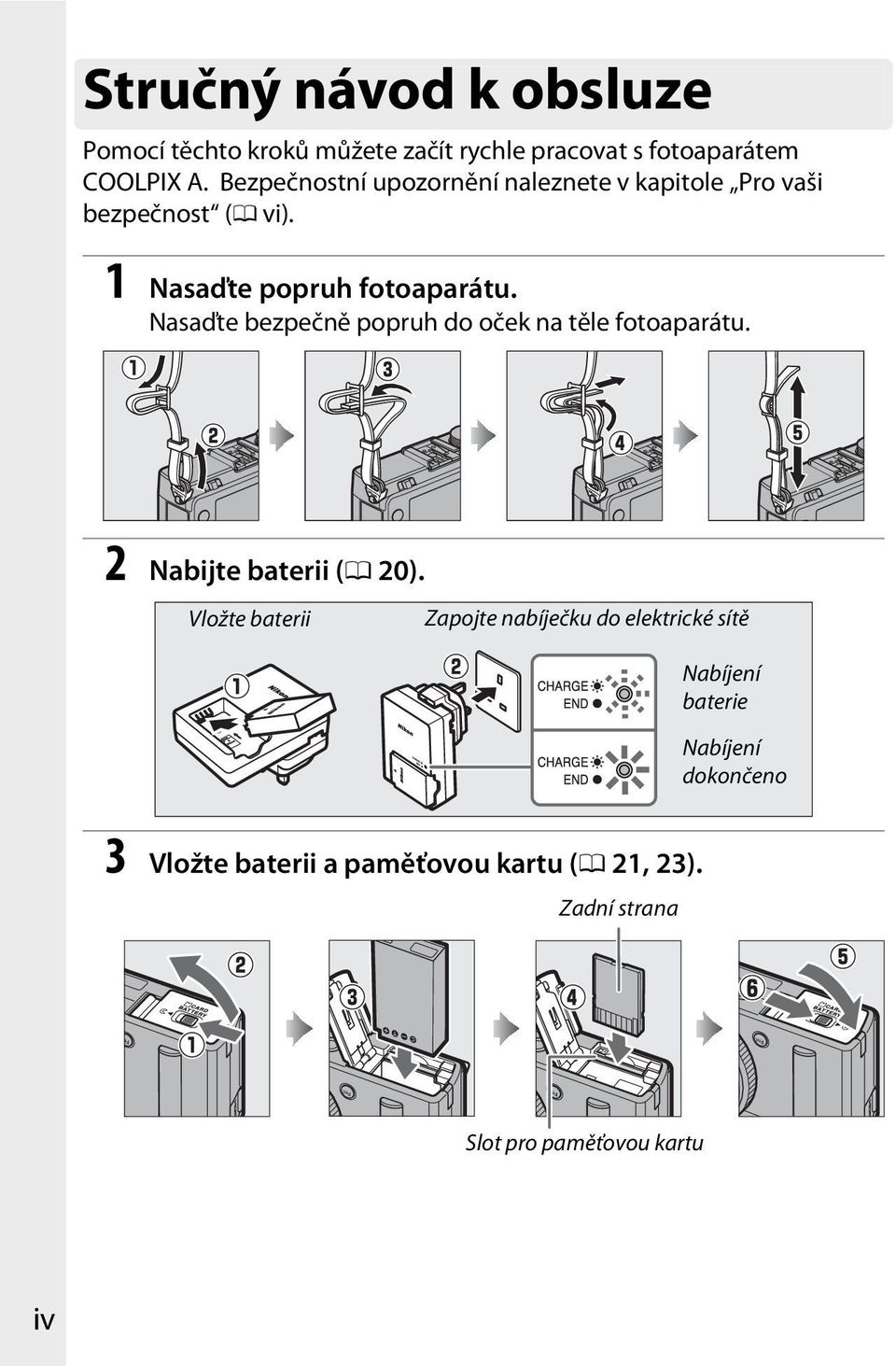 Nasaďte bezpečně popruh do oček na těle fotoaparátu. 2 Nabijte baterii (0 20).