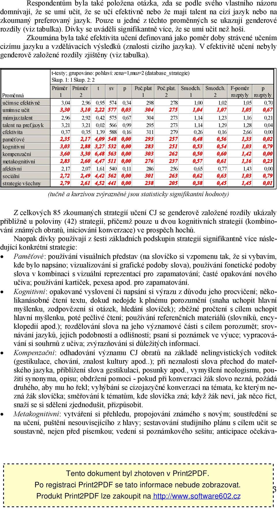 Zkoumána byla také efektivita učení definovaná jako poměr doby strávené učením cizímu jazyku a vzdělávacích výsledků (znalosti cizího jazyka).