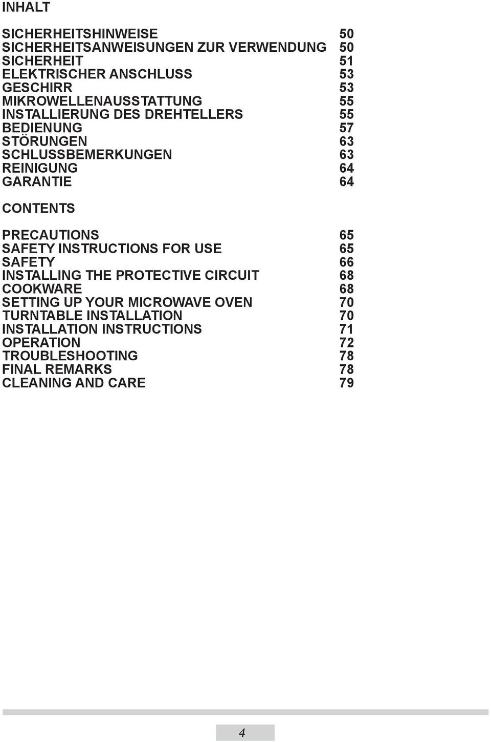 CONTENTS PRECAUTIONS 65 SAFETY INSTRUCTIONS FOR USE 65 SAFETY 66 INSTALLING THE PROTECTIVE CIRCUIT 68 COOKWARE 68 SETTING UP YOUR