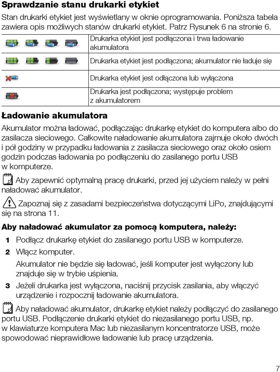 jest podłączona; występuje problem z akumulatorem Akumulator można ładować, podłączając drukarkę etykiet do komputera albo do zasilacza sieciowego.