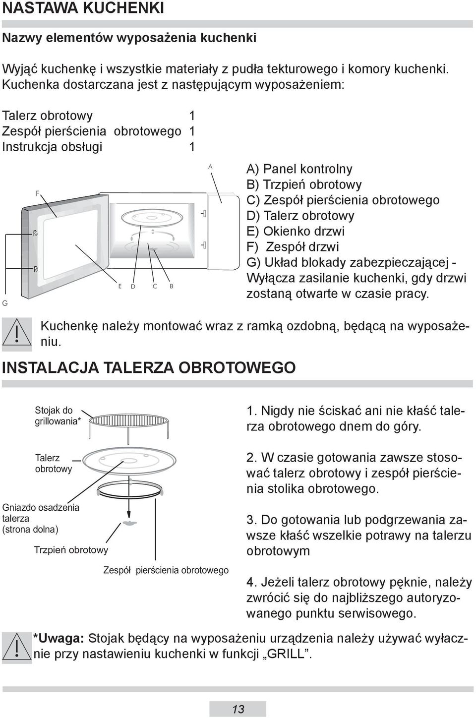 pierścienia obrotowego D) Talerz obrotowy E) Okienko drzwi F) Zespół drzwi G) Układ blokady zabezpieczającej - Wyłącza zasilanie kuchenki, gdy drzwi zostaną otwarte w czasie pracy.