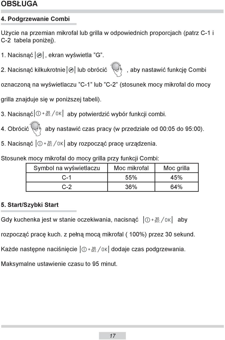 Nacisnąć aby potwierdzić wybór funkcji combi. 4. Obrócić aby nastawić czas pracy (w przedziale od 00:05 do 95:00). 5. Nacisnąć aby rozpocząć pracę urządzenia.