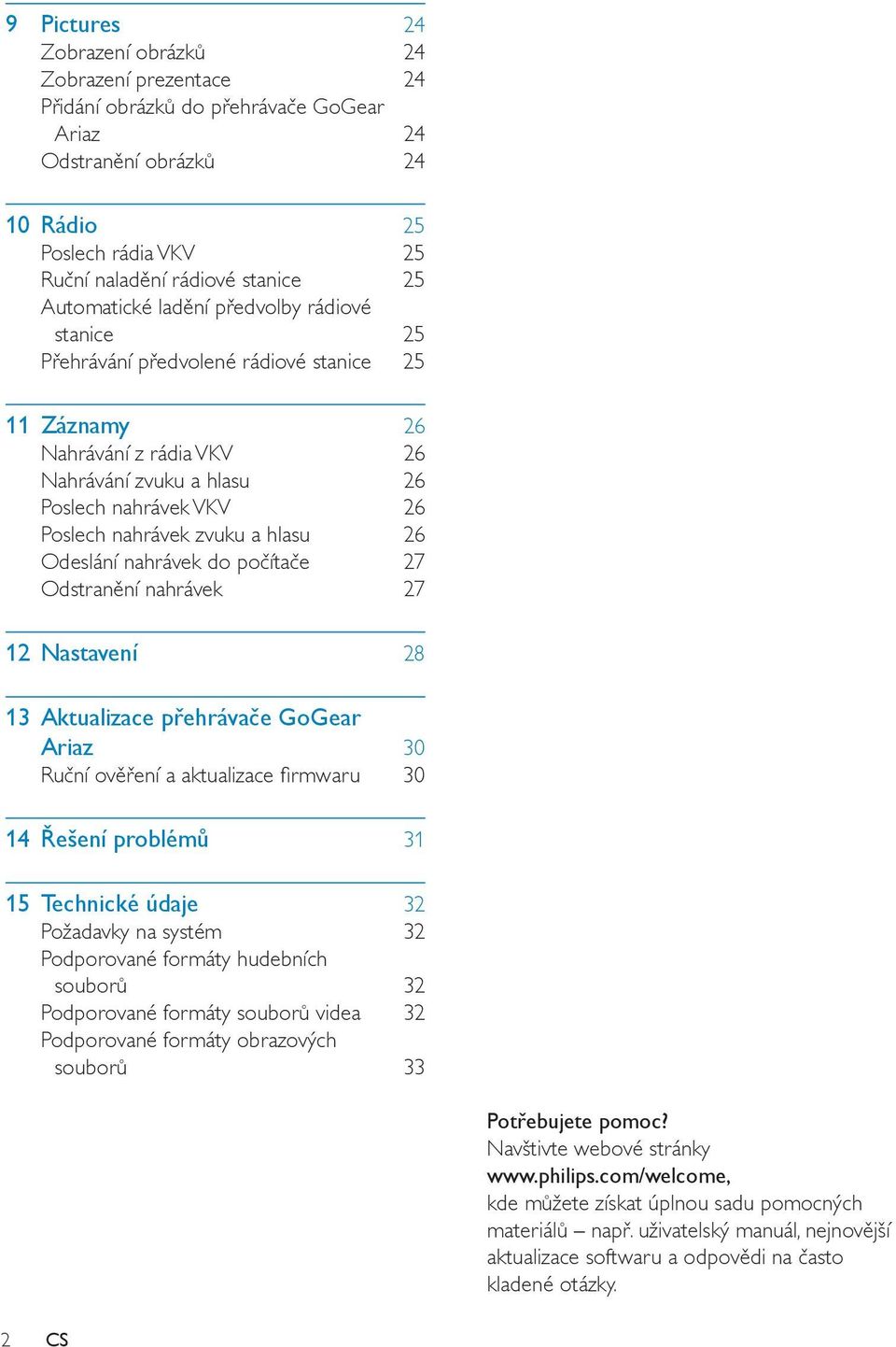 zvuku a hlasu 26 Odeslání nahrávek do počítače 27 Odstranění nahrávek 27 12 Nastavení 28 13 Aktualizace přehrávače GoGear Ariaz 30 Ruční ověření a aktualizace firmwaru 30 14 Řešení problémů 31 15