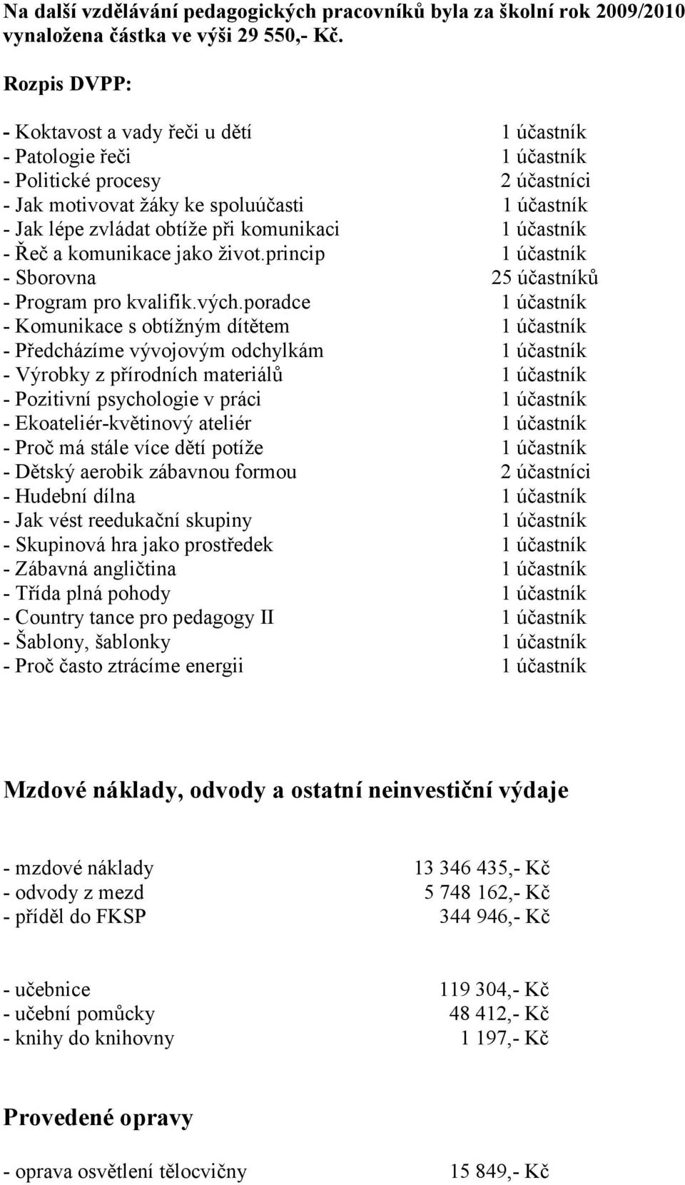 komunikaci 1 účastník - Řeč a komunikace jako život.princip 1 účastník - Sborovna 25 účastníků - Program pro kvalifik.vých.