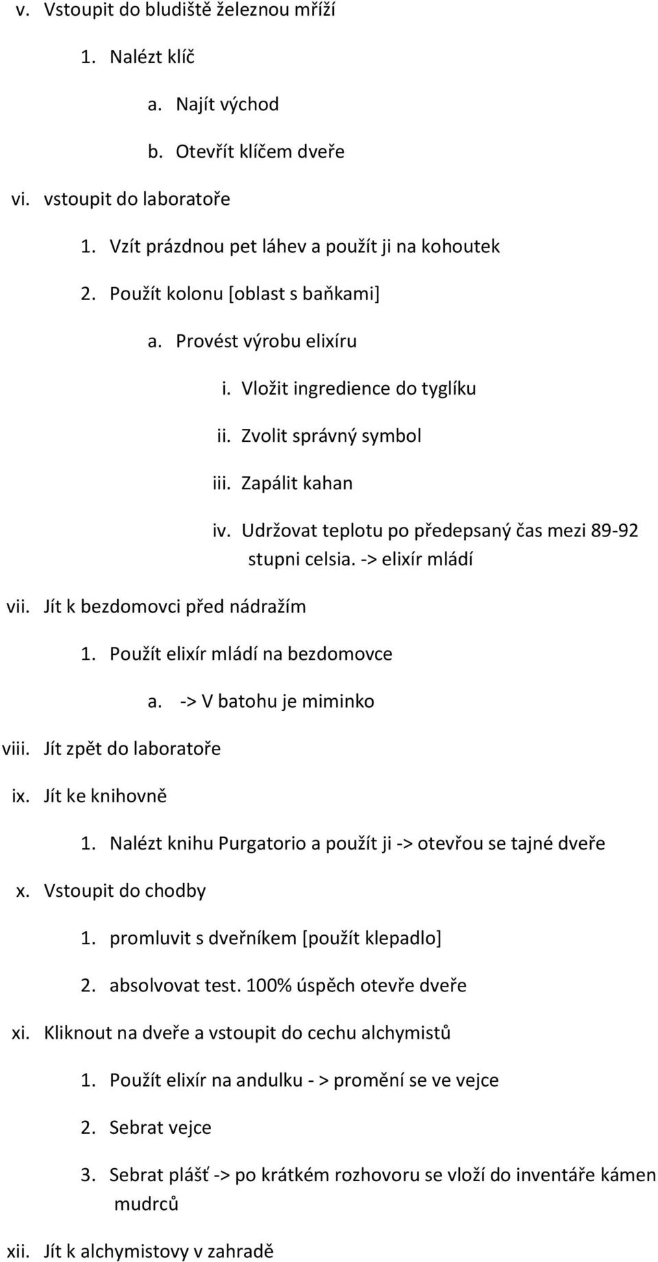 Udržovat teplotu po předepsaný čas mezi 89-92 stupni celsia. -> elixír mládí 1. Použít elixír mládí na bezdomovce viii. Jít zpět do laboratoře ix. Jít ke knihovně a. -> V batohu je miminko 1.