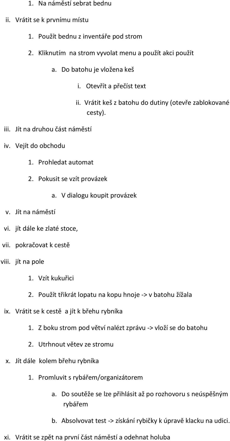 Vzít kukuřici i. Otevřít a přečíst text ii. Vrátit keš z batohu do dutiny (otevře zablokované cesty). a. V dialogu koupit provázek 2. Použít třikrát lopatu na kopu hnoje -> v batohu žížala ix.