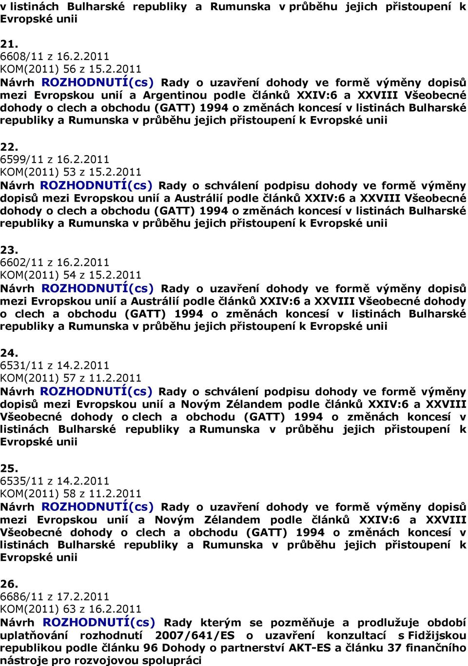 2011 KOM(2011) 56 z 15.2.2011 Návrh ROZHODNUTÍ(cs) Rady o uzavření dohody ve formě výměny dopisů mezi Evropskou unií a Argentinou podle článků XXIV:6 a XXVIII Všeobecné dohody o clech a obchodu