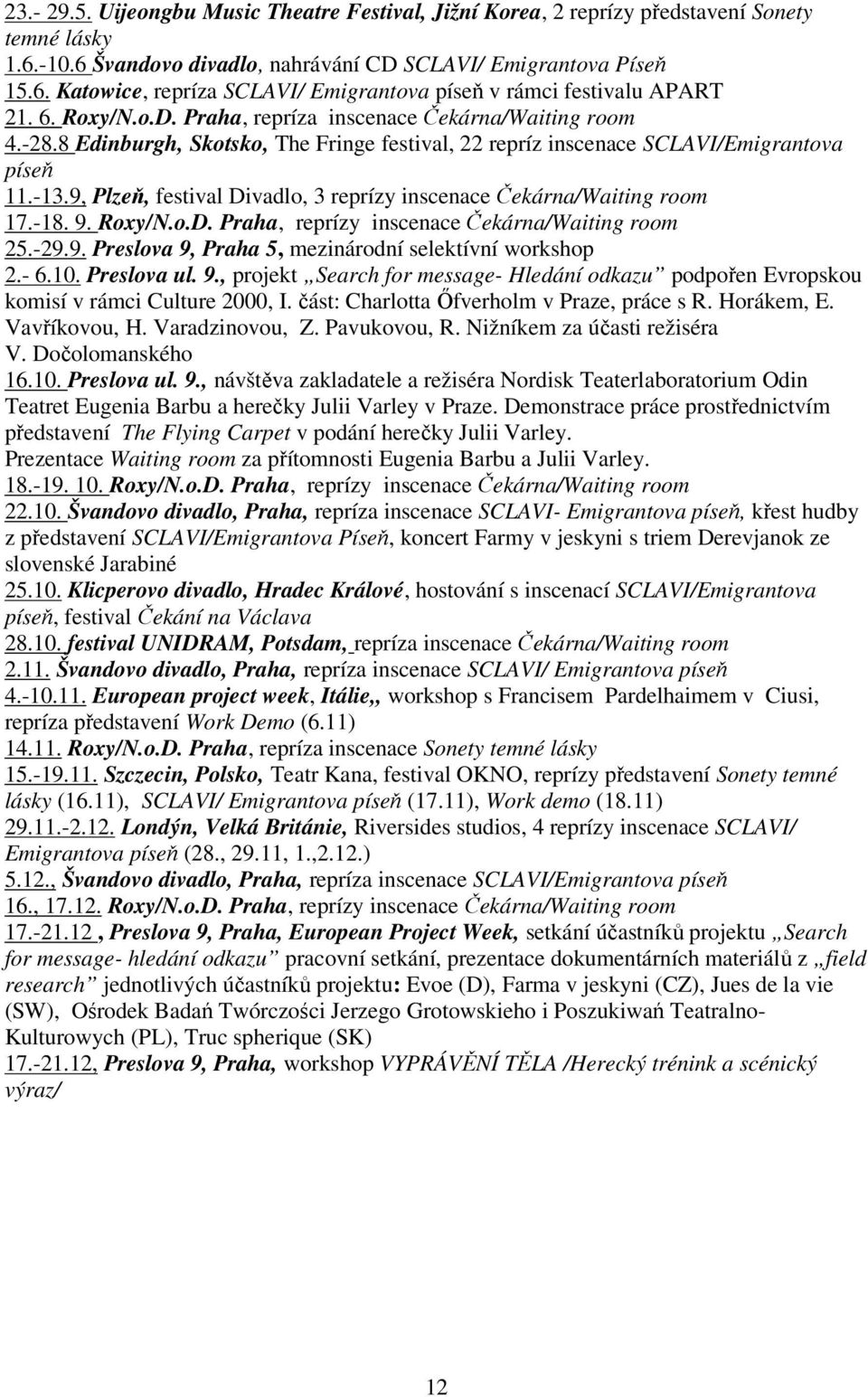 9, Plzeň, festival Divadlo, 3 reprízy inscenace Čekárna/Waiting room 17.-18. 9. Roxy/N.o.D. Praha, reprízy inscenace Čekárna/Waiting room 25.-29.9. Preslova 9, Praha 5, mezinárodní selektívní workshop 2.