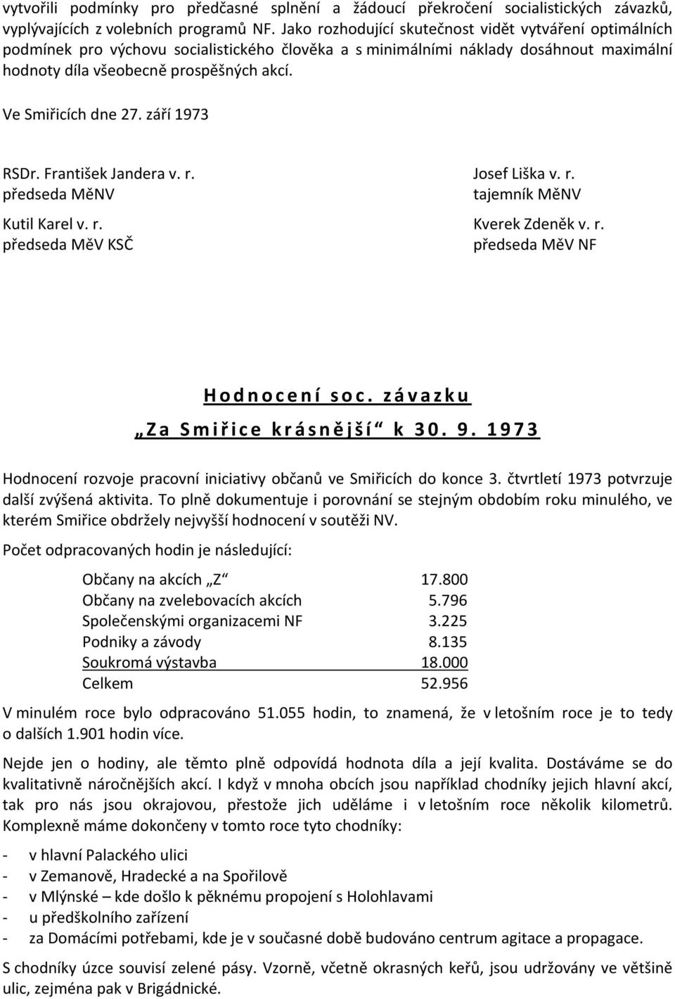 Ve Smiřicích dne 27. září 1973 RSDr. František Jandera v. r. Josef Liška v. r. předseda MěNV tajemník MěNV Kutil Karel v. r. Kverek Zdeněk v. r. předseda MěV KSČ předseda MěV NF Hodnocení soc.