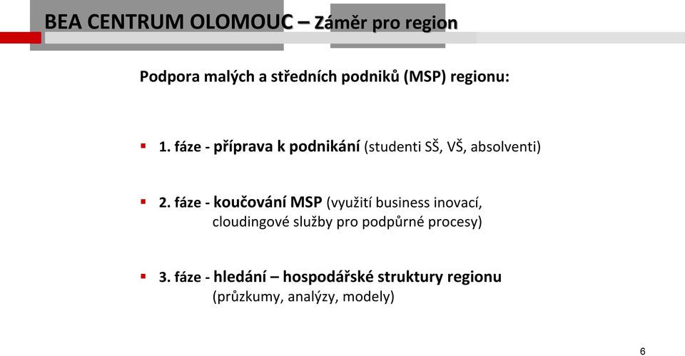 fáze - koučování MSP (využití business inovací, cloudingové služby pro podpůrné