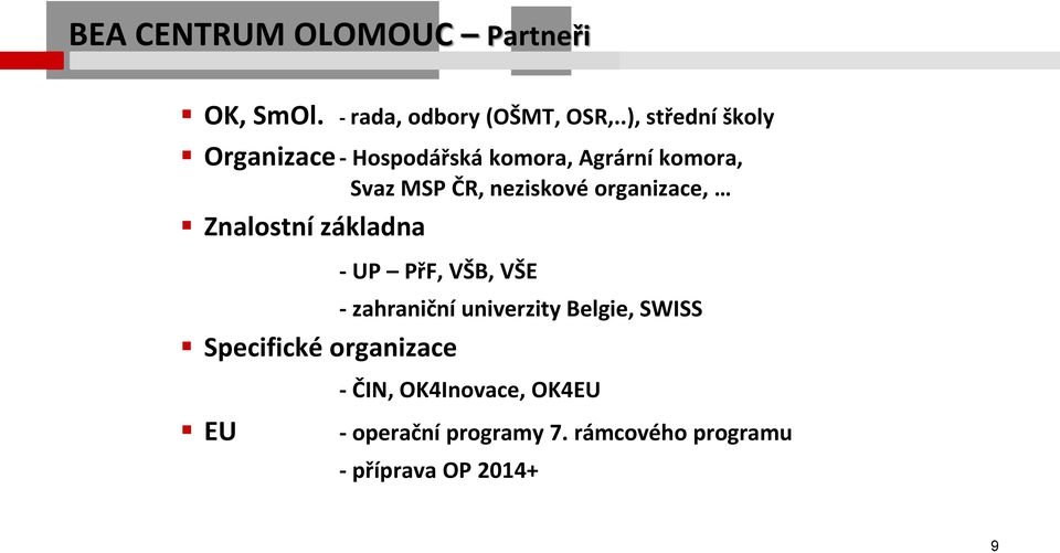 organizace, Znalostní základna - UP PřF, VŠB, VŠE - zahraniční univerzity Belgie, SWISS