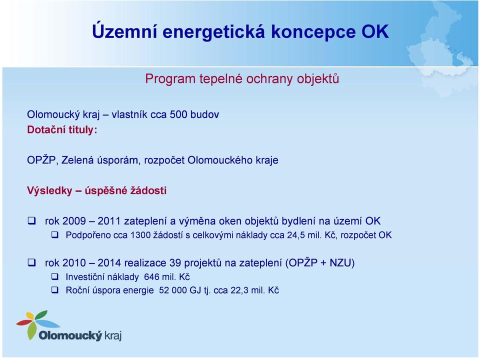 bydlení na území OK Podpořeno cca 1300 žádostí s celkovými náklady cca 24,5 mil.