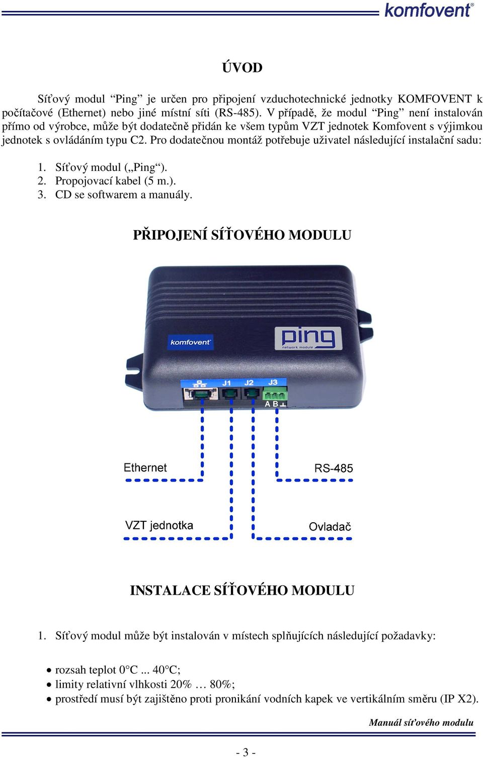 Pro dodatečnou montáž potřebuje uživatel následující instalační sadu: 1. Síťový modul ( Ping ). 2. Propojovací kabel (5 m.). 3. CD se softwarem a manuály.