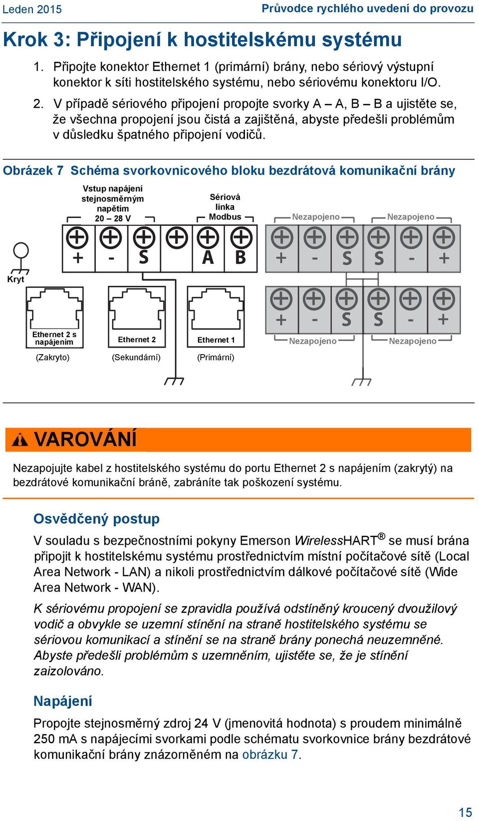 Obrázek 7 Schéma svorkovnicového bloku bezdrátová komunikační brány Vstup napájení stejnosměrným Sériová 20-28 napětím VDC Serial linka Power 20 Input 28 V Modbus Nezapojeno Not Used Nezapojeno Not