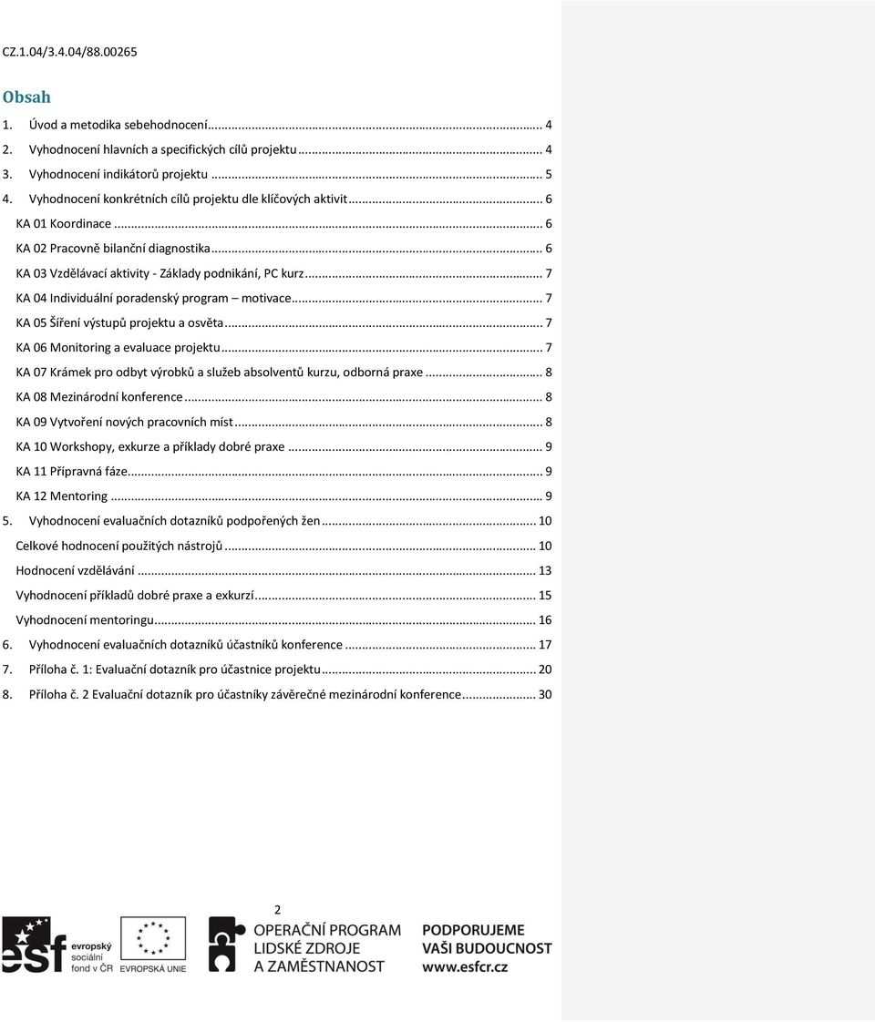 .. 7 KA 04 Individuální poradenský program motivace... 7 KA 05 Šíření výstupů projektu a osvěta... 7 KA 06 Monitoring a evaluace projektu.