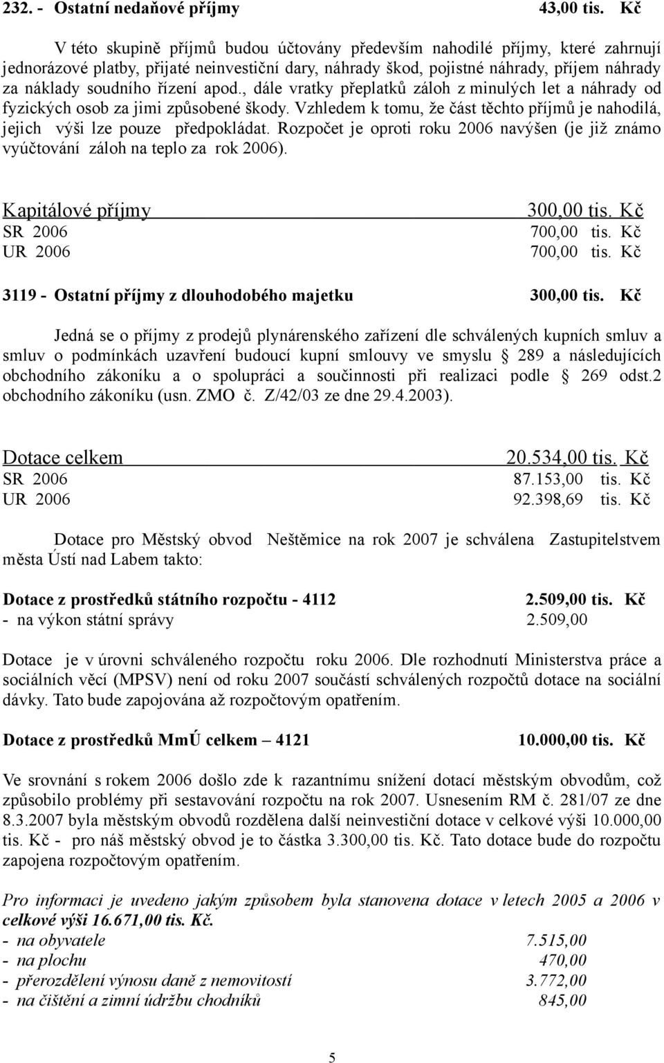 řízení apod., dále vratky přeplatků záloh z minulých let a náhrady od fyzických osob za jimi způsobené škody. Vzhledem k tomu, že část těchto příjmů je nahodilá, jejich výši lze pouze předpokládat.