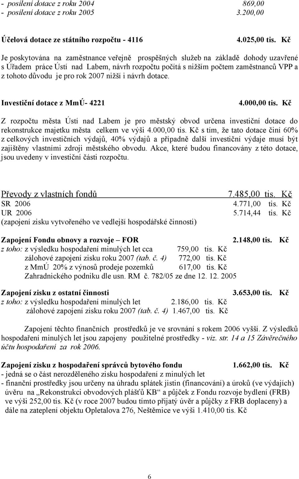 rok 2007 nižší i návrh dotace. Investiční dotace z MmÚ- 4221 4.000,00 tis.