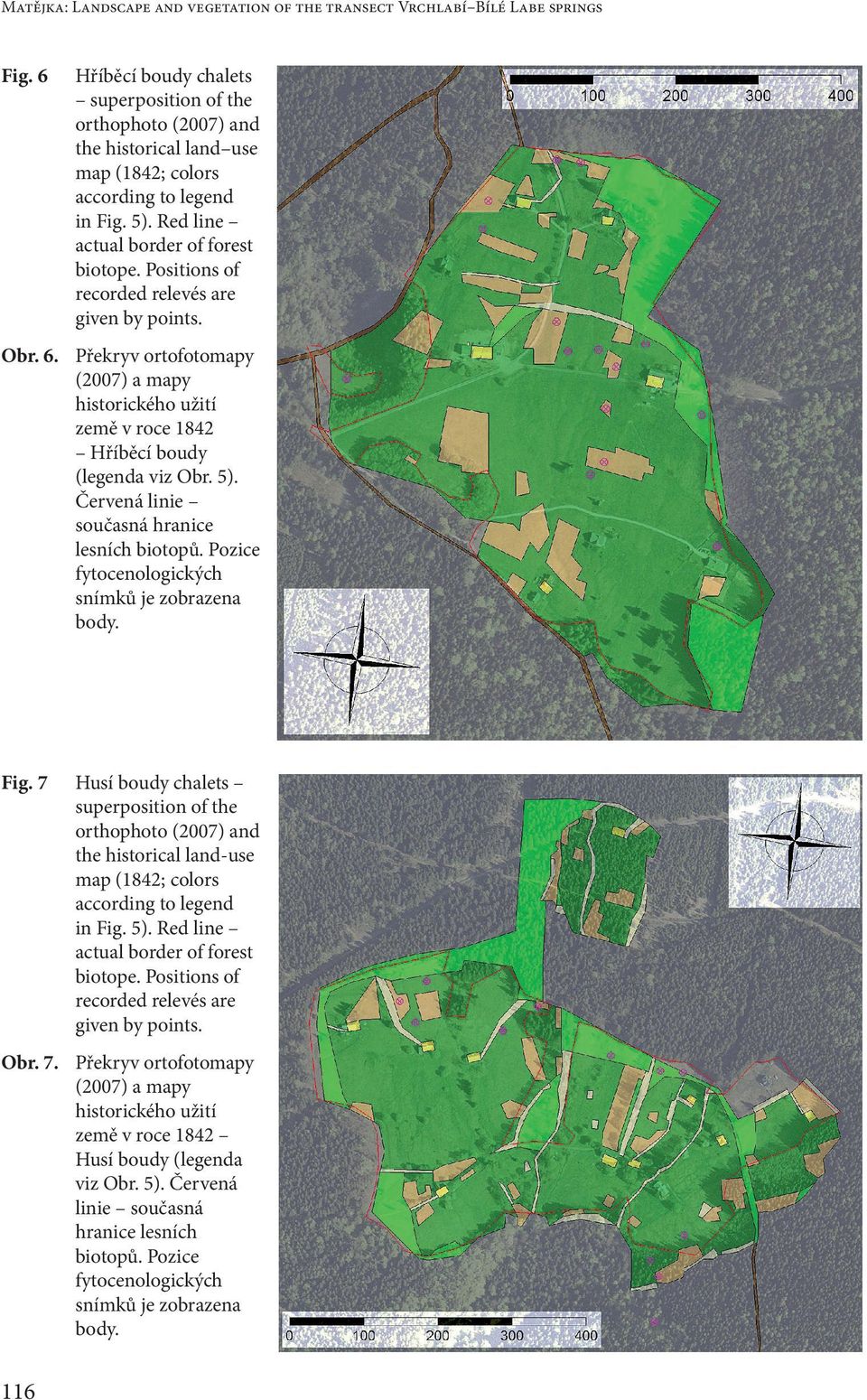 Positions of recorded relevés are given by points. Obr. 6. Překryv ortofotomapy (2007) a mapy historického užití země v roce 1842 Hříběcí boudy (legenda viz Obr. 5).