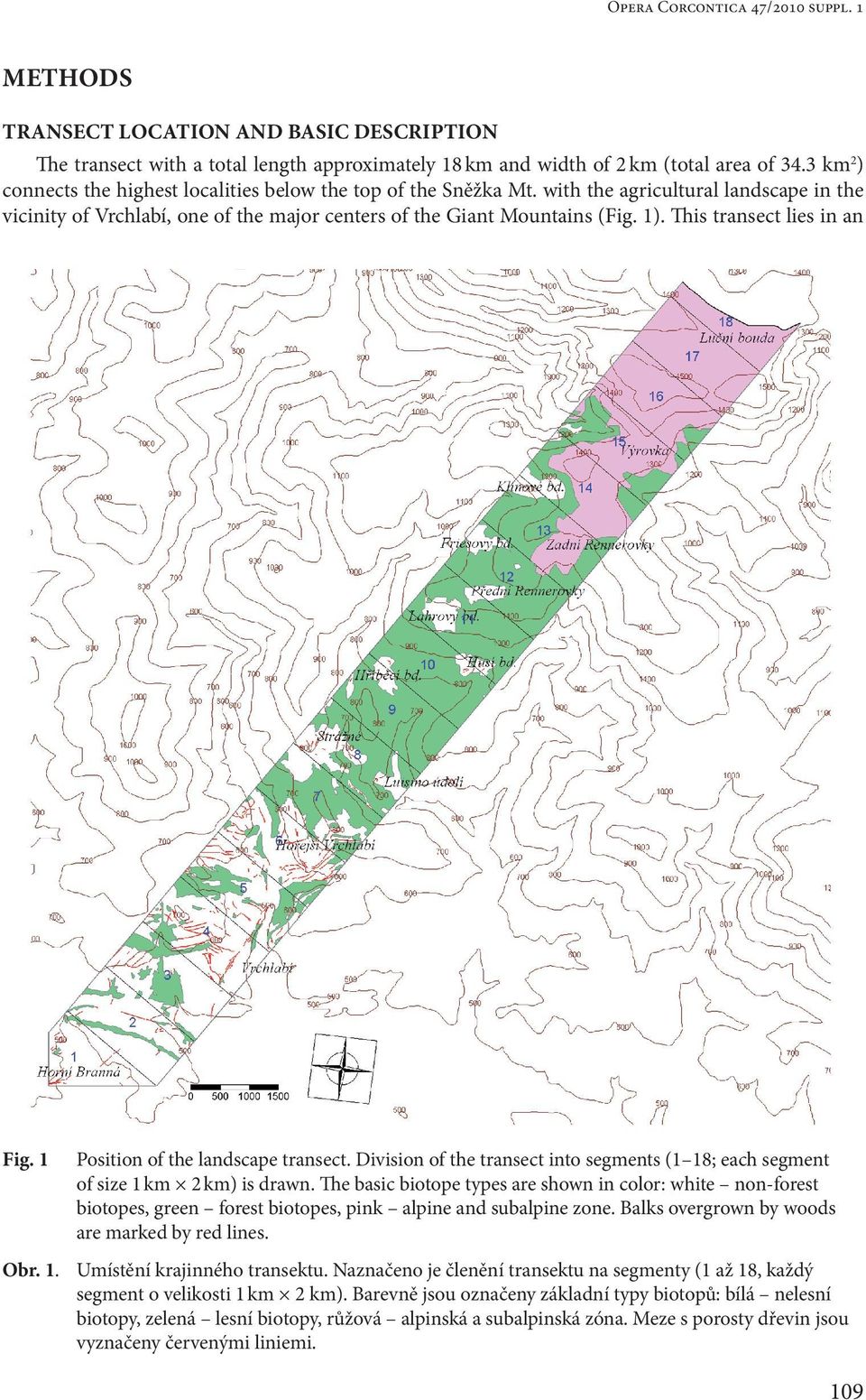 This transect lies in an Fig. 1 Position of the landscape transect. Division of the transect into segments (1 18; each segment of size 1 km 2 km) is drawn.