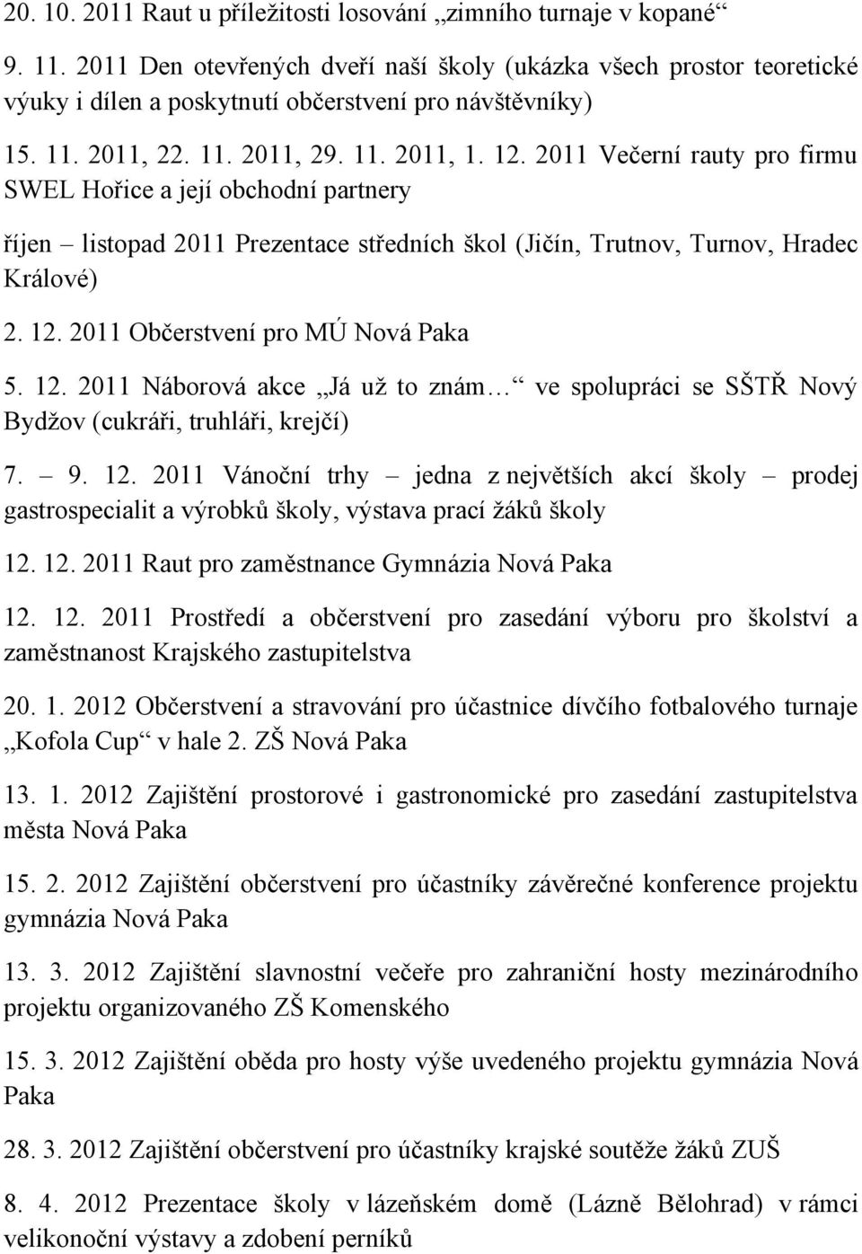 2011 Večerní rauty pro firmu SWEL Hořice a její obchodní partnery říjen listopad 2011 Prezentace středních škol (Jičín, Trutnov, Turnov, Hradec Králové) 2. 12.