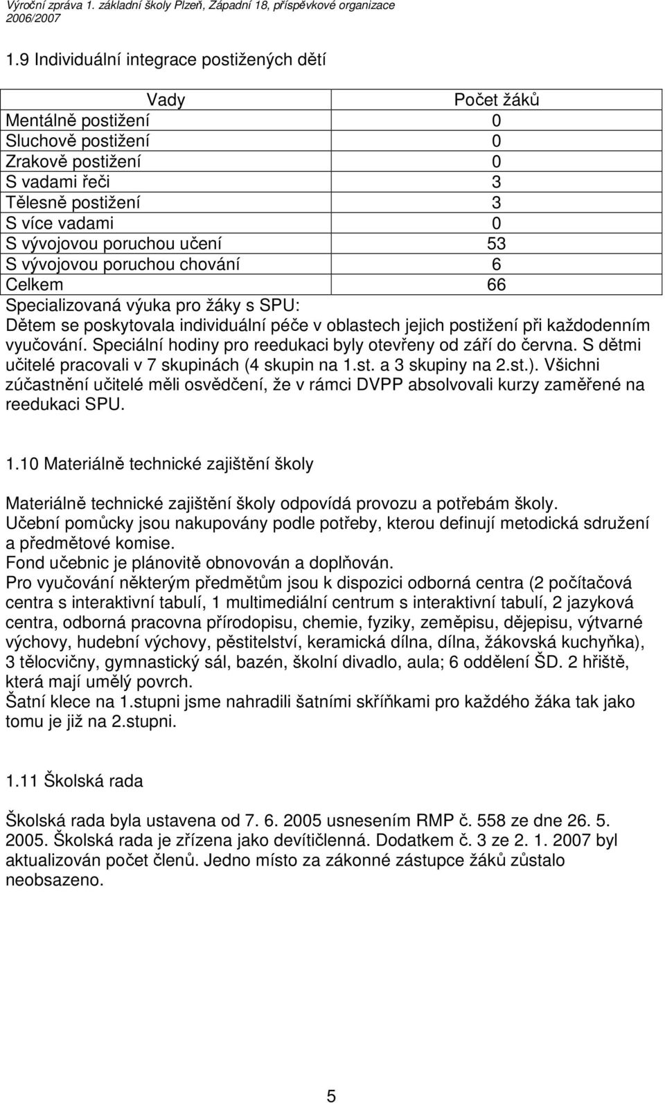 Speciální hodiny pro reedukaci byly otevřeny od září do června. S dětmi učitelé pracovali v 7 skupinách (4 skupin na 1.st. a 3 skupiny na 2.st.).