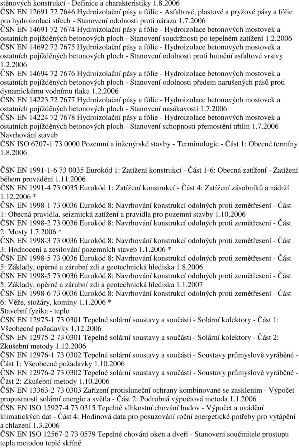 2.2006 ČSN EN 14692 72 7675 Hydroizolační pásy a fólie - Hydroizolace betonových mostovek a ostatních pojížděných betonových ploch - Stanovení odolnosti proti hutnění asfaltové vrstvy 1.2.2006 ČSN EN