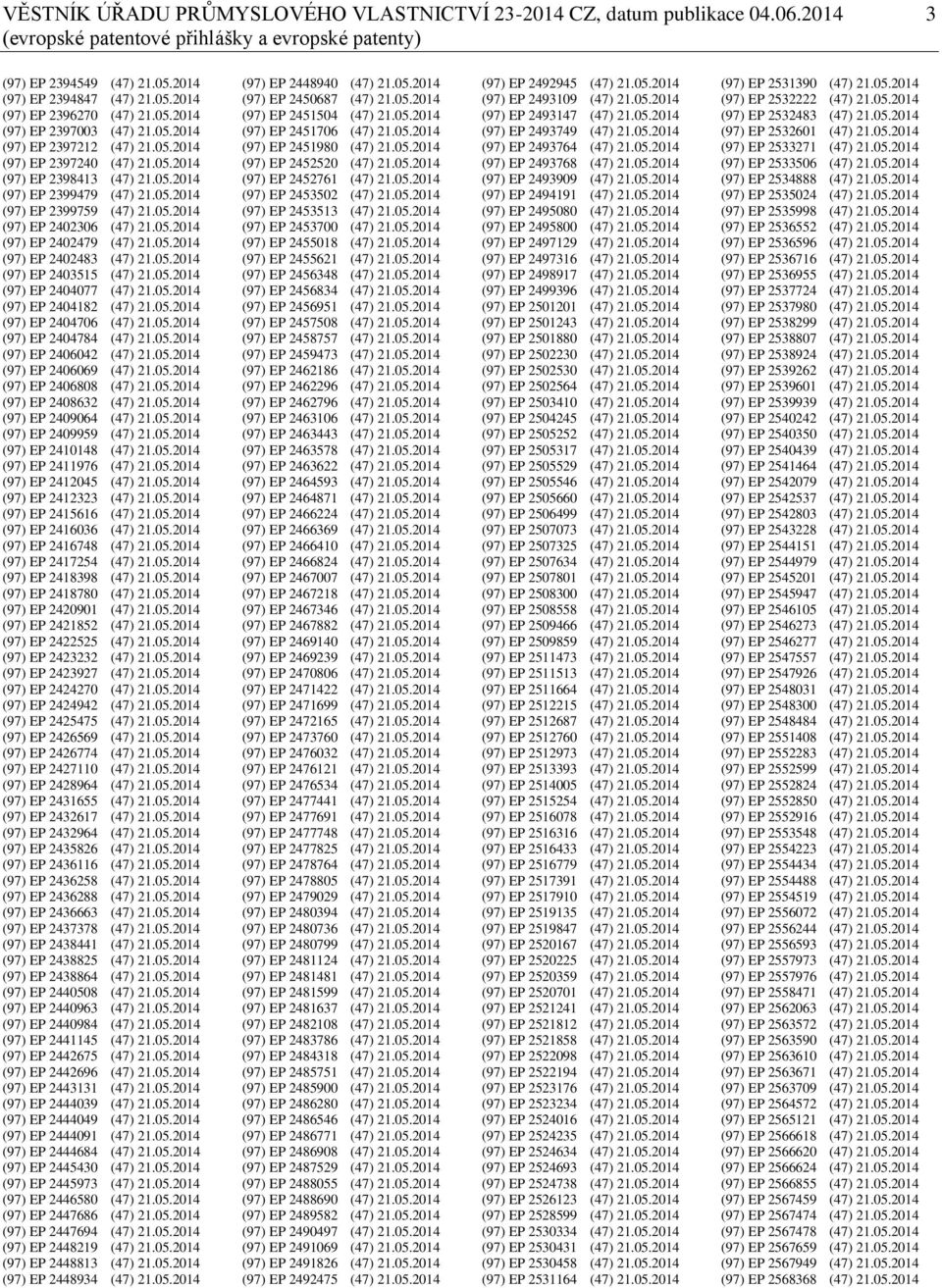 05.2014 (97) EP 2402479 (47) 21.05.2014 (97) EP 2402483 (47) 21.05.2014 (97) EP 2403515 (47) 21.05.2014 (97) EP 2404077 (47) 21.05.2014 (97) EP 2404182 (47) 21.05.2014 (97) EP 2404706 (47) 21.05.2014 (97) EP 2404784 (47) 21.