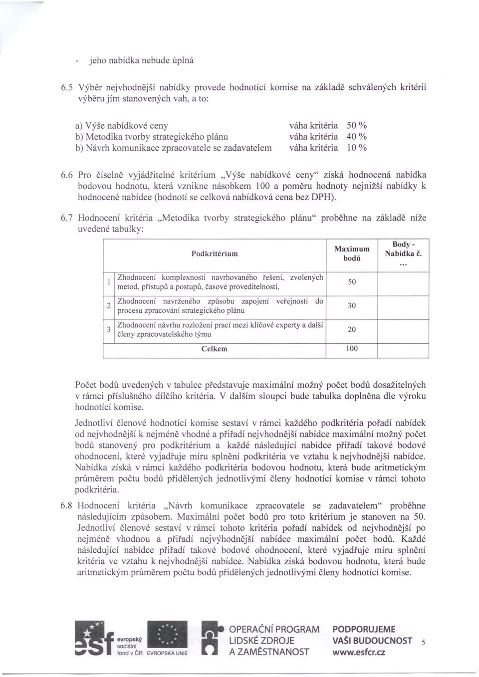 komunikace zpracovatele se zadavatelem váha kritéria 50 % váha kritéria 40 % váha kritéria 10 % 6.