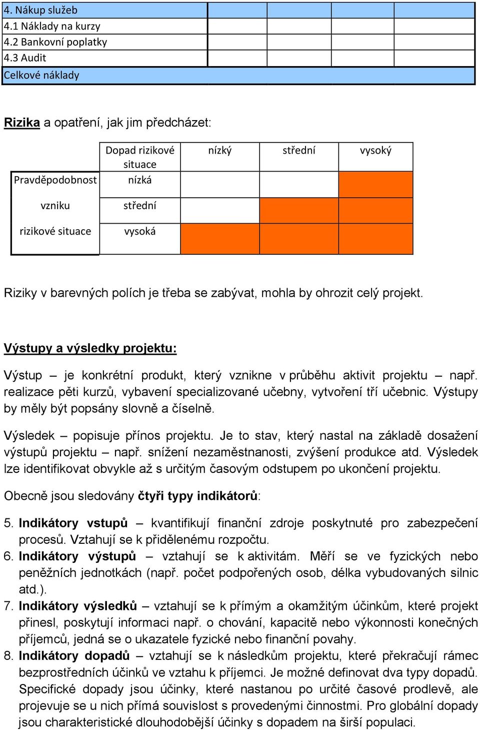 třeba se zabývat, mohla by ohrozit celý projekt. Výstupy a výsledky projektu: Výstup je konkrétní produkt, který vznikne v průběhu aktivit projektu např.