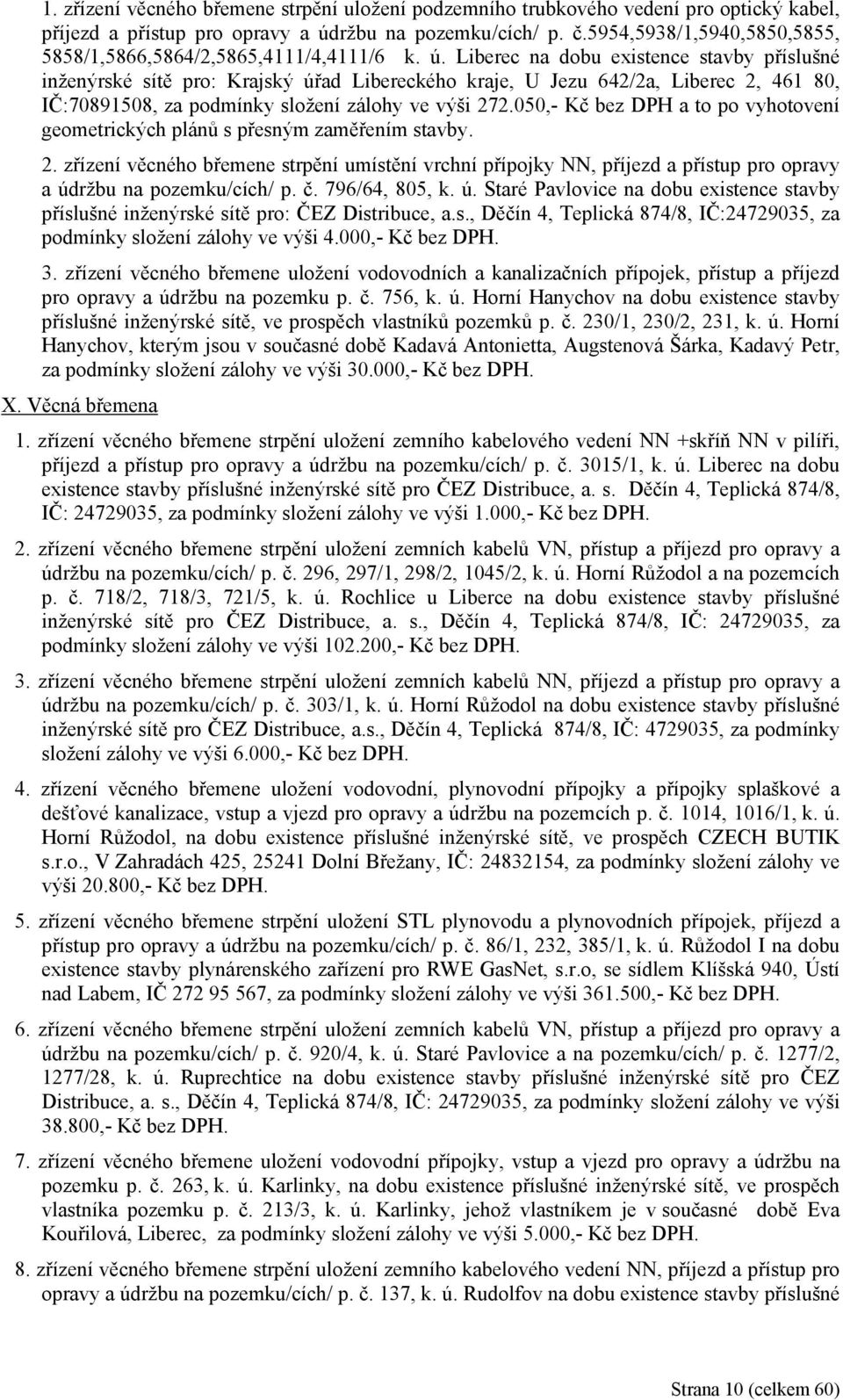 Liberec na dobu existence stavby příslušné inženýrské sítě pro: Krajský úřad Libereckého kraje, U Jezu 642/2a, Liberec 2, 461 80, IČ:70891508, za podmínky složení zálohy ve výši 272.