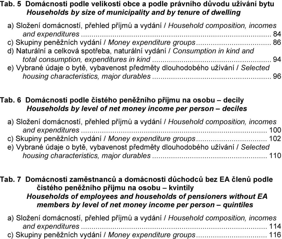 .. 86 d) Naturální a celková spotřeba, naturální vydání / Consumption in kind and consumption, expenditures in kind.