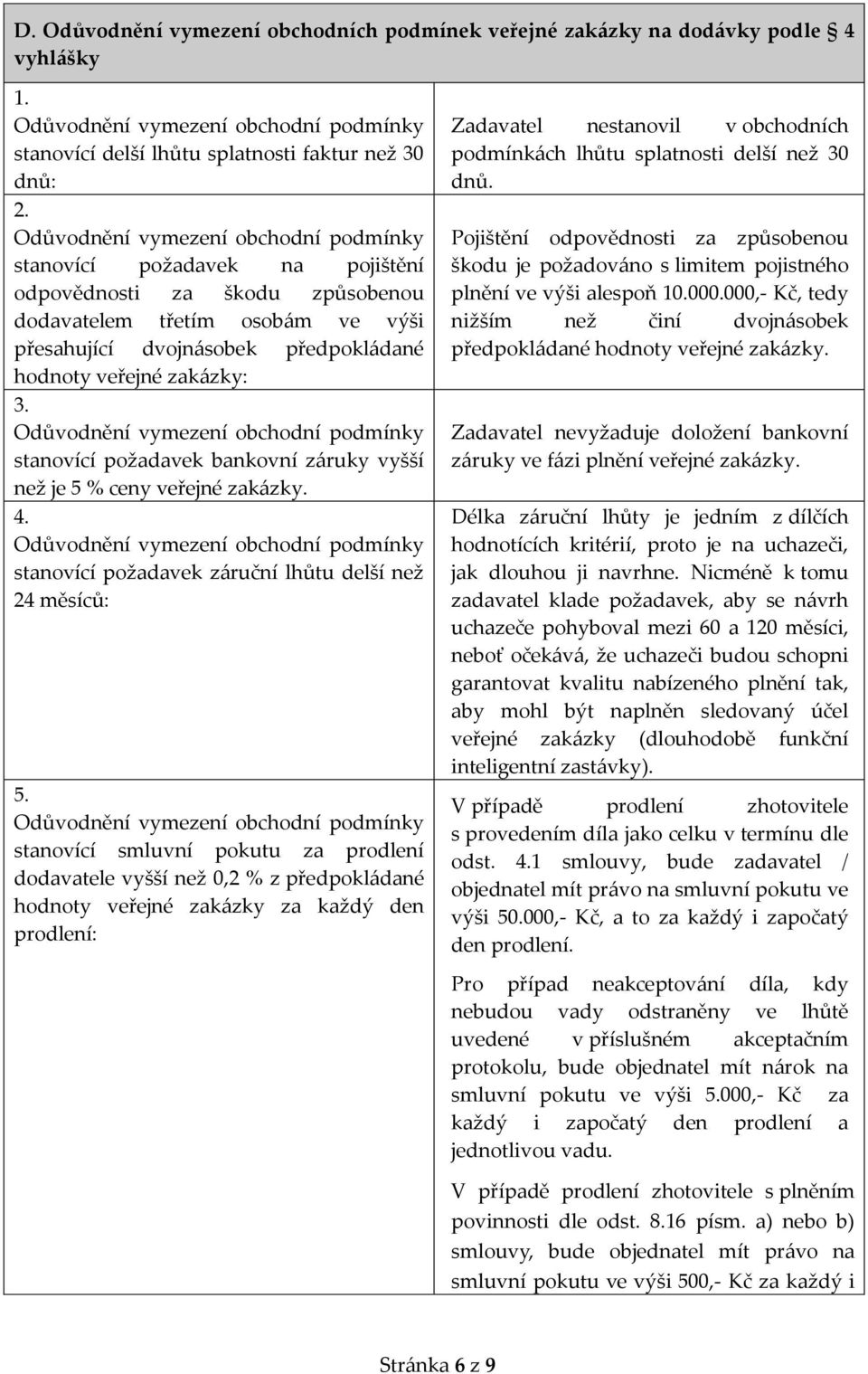 stanovící požadavek bankovní záruky vyšší než je 5 % ceny veřejné zakázky. 4. stanovící požadavek záruční lhůtu delší než 24 měsíců: 5.
