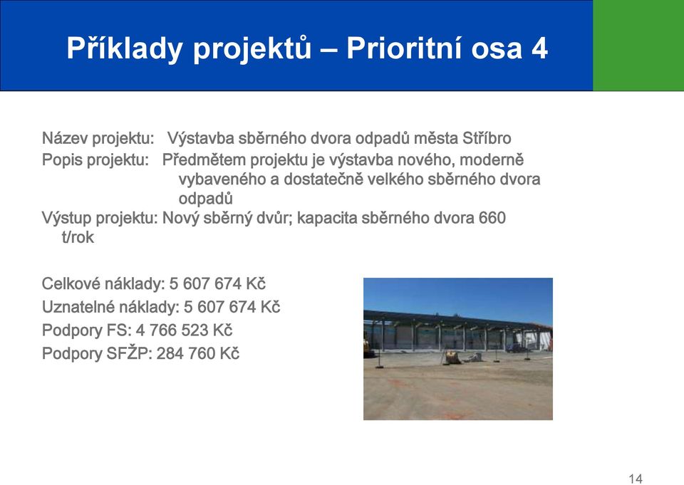 sběrného dvora odpadů Výstup projektu: Nový sběrný dvůr; kapacita sběrného dvora 660 t/rok Celkové