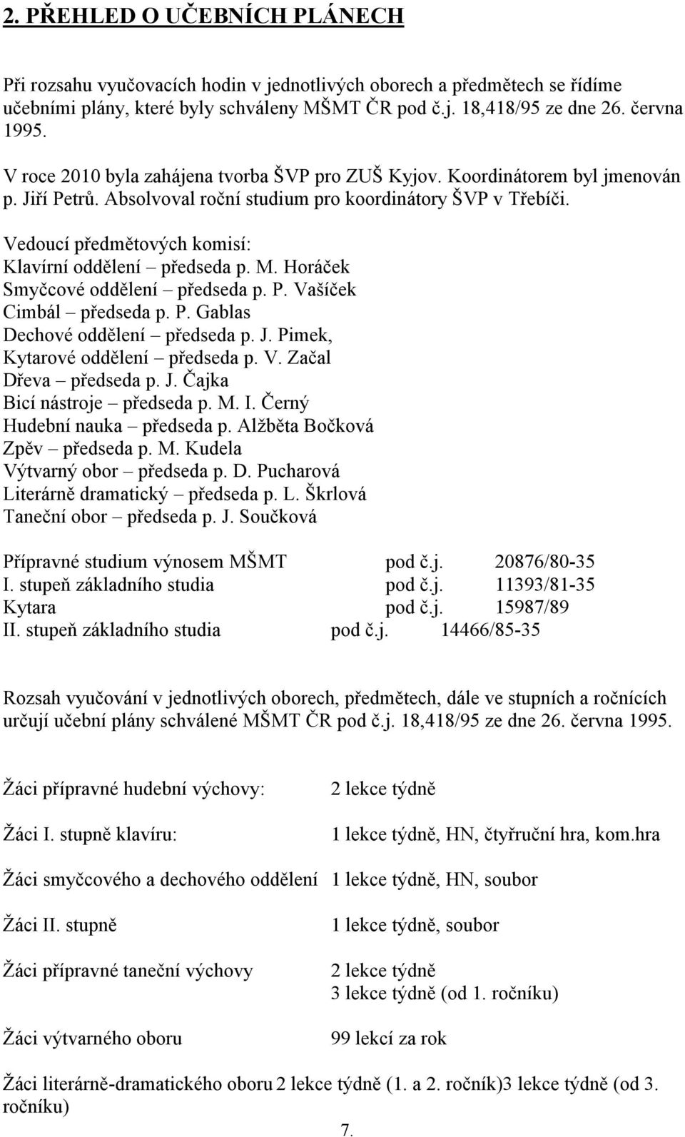 M. Horáček Smyčcové oddělení předseda p. P. Vašíček Cimbál předseda p. P. Gablas Dechové oddělení předseda p. J. Pimek, Kytarové oddělení předseda p. V. Začal Dřeva předseda p. J. Čajka Bicí nástroje předseda p.