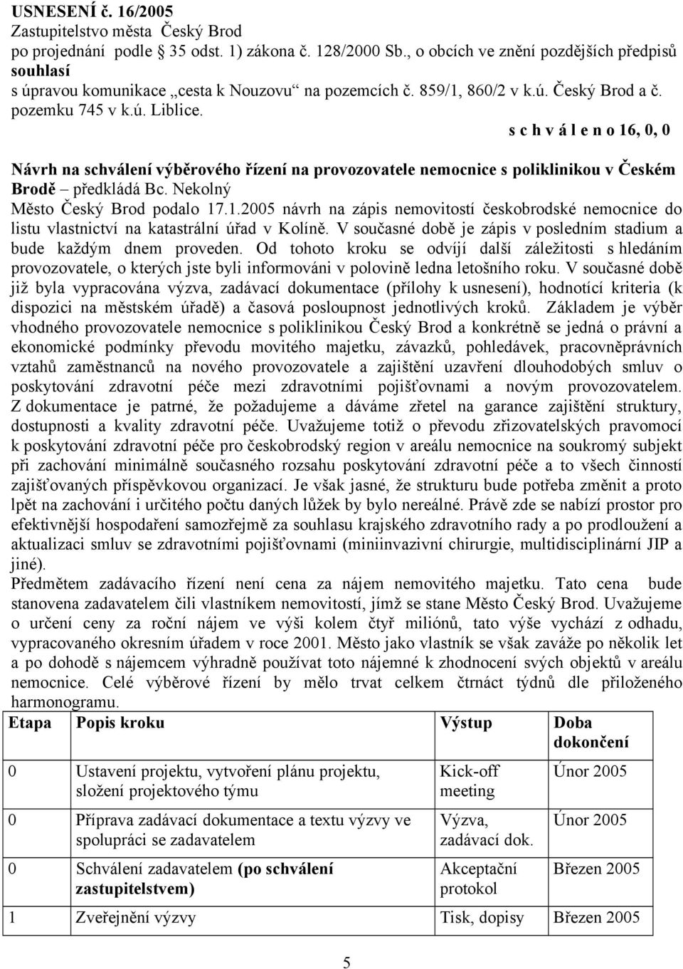 .1.2005 návrh na zápis nemovitostí českobrodské nemocnice do listu vlastnictví na katastrální úřad v Kolíně. V současné době je zápis v posledním stadium a bude každým dnem proveden.