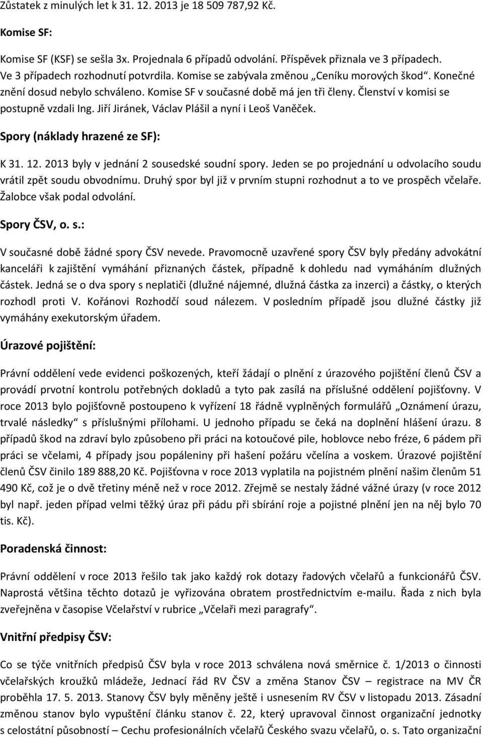 Členství v komisi se postupně vzdali Ing. Jiří Jiránek, Václav Plášil a nyní i Leoš Vaněček. Spory (náklady hrazené ze SF): K 31. 12. 2013 byly v jednání 2 sousedské soudní spory.
