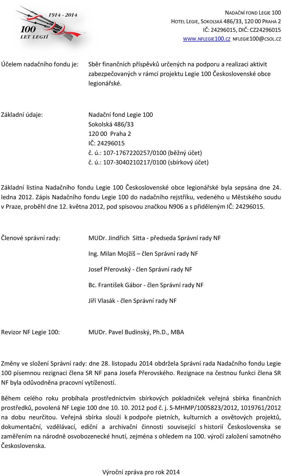 ledna 2012. Zápis Nadačního fondu Legie 100 do nadačního rejstříku, vedeného u Městského soudu v Praze, proběhl dne 12. května 2012, pod spisovou značkou N906 a s přiděleným IČ: 24296015.