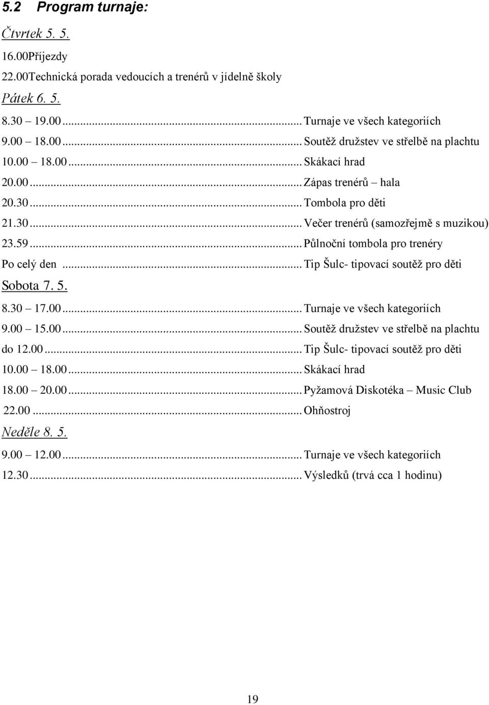 .. Tip Šulc- tipovací soutěţ pro děti Sobota 7. 5. 8.30 17.00... Turnaje ve všech kategoriích 9.00 15.00... Soutěţ druţstev ve střelbě na plachtu do 12.00... Tip Šulc- tipovací soutěţ pro děti 10.