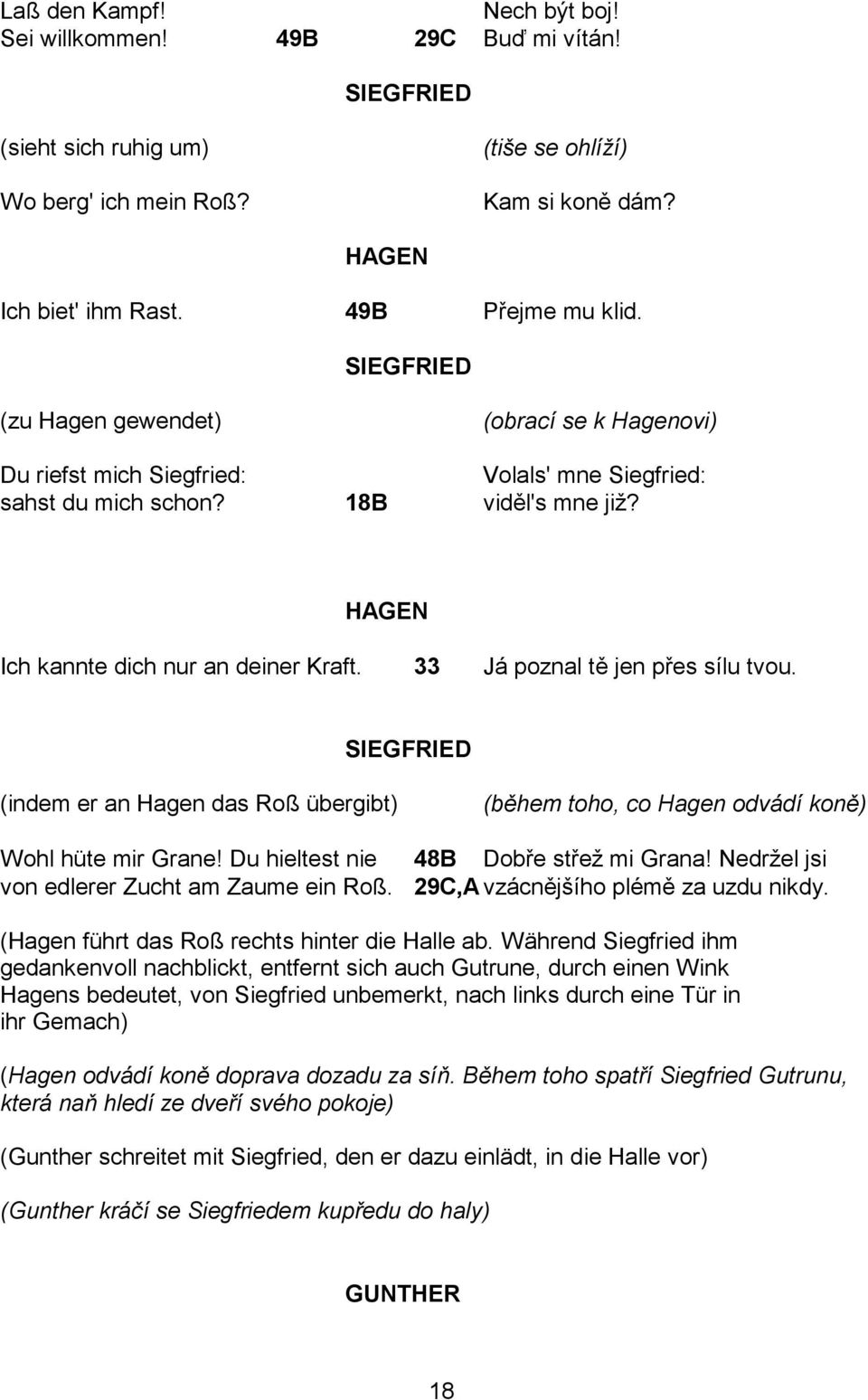 33 Já poznal tě jen přes sílu tvou. (indem er an Hagen das Roß übergibt) (během toho, co Hagen odvádí koně) Wohl hüte mir Grane! Du hieltest nie 48B Dobře střeţ mi Grana!