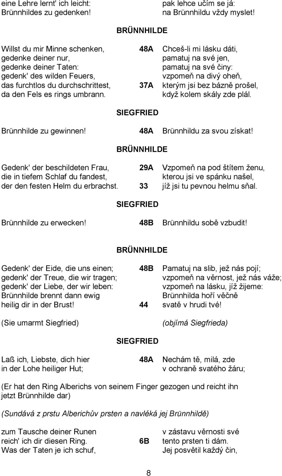 furchtlos du durchschrittest, 37A kterým jsi bez bázně prošel, da den Fels es rings umbrann. kdyţ kolem skály zde plál. Brünnhilde zu gewinnen! 48A Brünnhildu za svou získat!