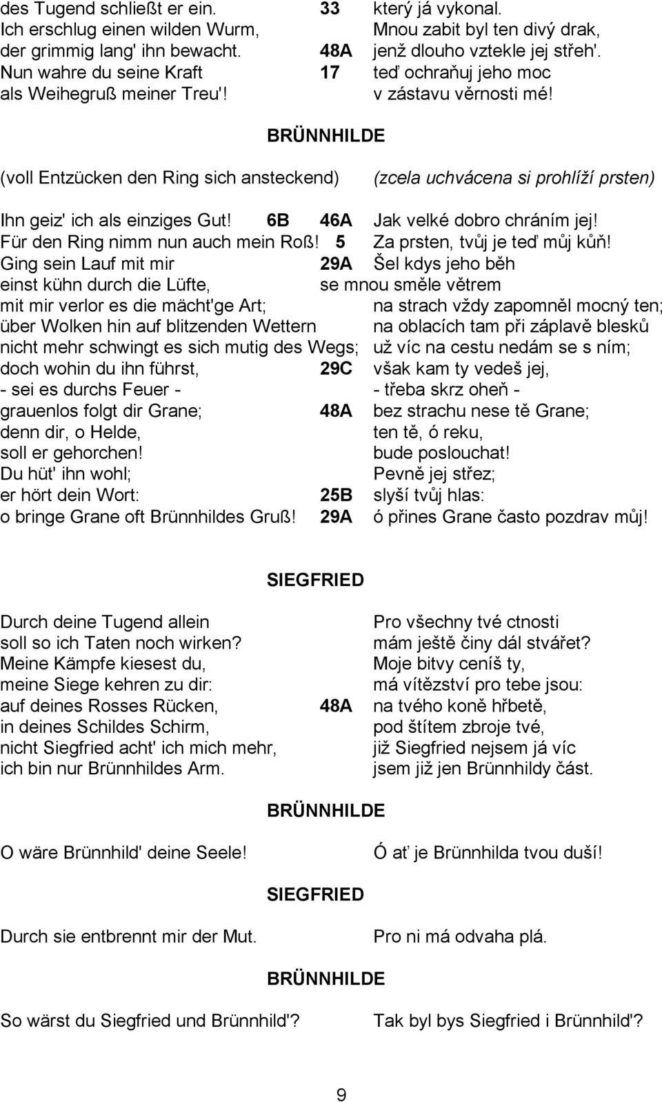 (voll Entzücken den Ring sich ansteckend) (zcela uchvácena si prohlíží prsten) Ihn geiz' ich als einziges Gut! 6B 46A Jak velké dobro chráním jej! Für den Ring nimm nun auch mein Roß!