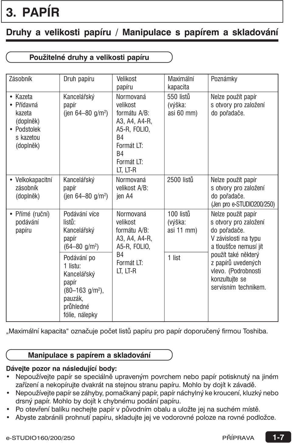 (doplněk) A, A4, A4-R, Podstolek A5-R, FOLIO, s kazetou (doplněk) B4 Formát LT: B4 Formát LT: LT, LT-R Velkokapacitní Kancelářský Normovaná 500 listů Nelze použít papír zásobník papír velikost A/B: s