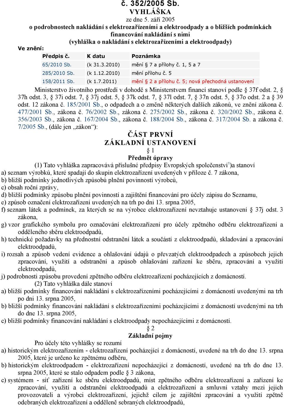 Předpis č. K datu Poznámka 65/2010 Sb. (k 31.3.2010) mění 7 a přílohy č. 1, 5 a 7 285/2010 Sb. (k 1.12.2010) mění přílohu č. 5 158/2011 Sb. (k 1.7.2011) mění 2 a přílohu č.