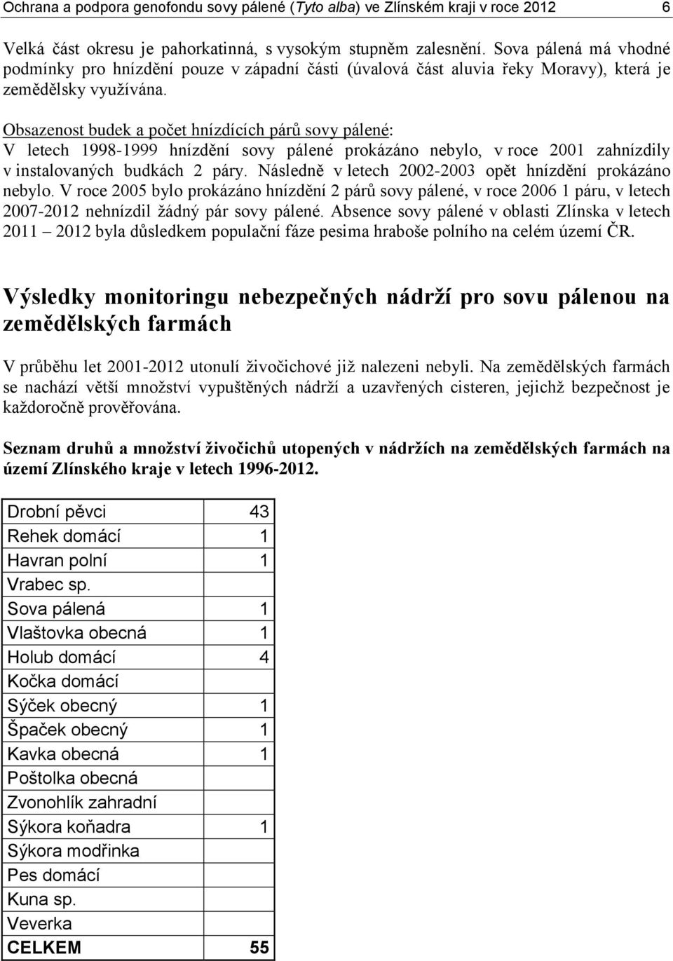 Obsazenost budek a počet hnízdících párů sovy pálené: V letech 1998-1999 hnízdění sovy pálené prokázáno nebylo, v roce 2001 zahnízdily v instalovaných budkách 2 páry.