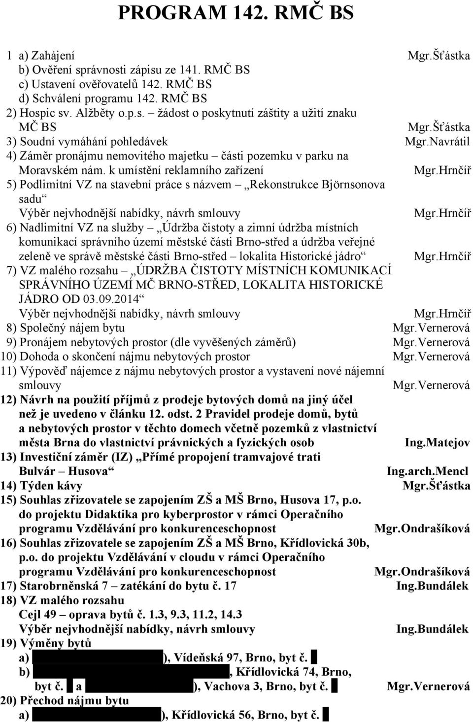 Hrnčíř 5) Podlimitní VZ na stavební práce s názvem Rekonstrukce Björnsonova sadu Výběr nejvhodnější nabídky, návrh smlouvy Mgr.