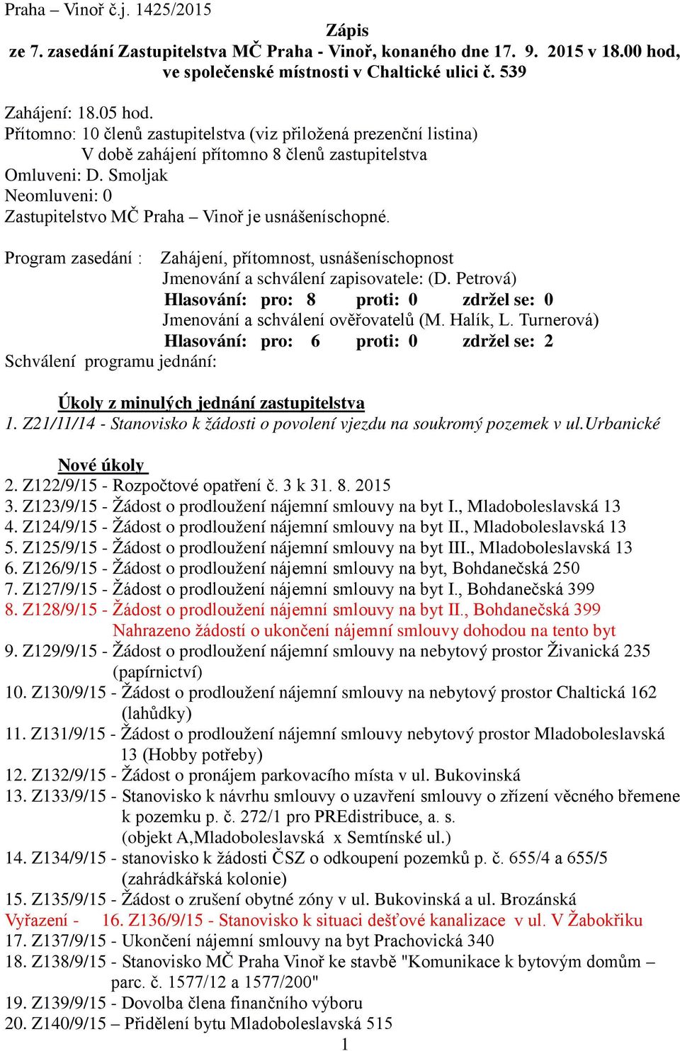 Program zasedání : Zahájení, přítomnost, usnášeníschopnost Jmenování a schválení zapisovatele: (D. Petrová) Hlasování: pro: 8 proti: 0 zdržel se: 0 Jmenování a schválení ověřovatelů (M. Halík, L.