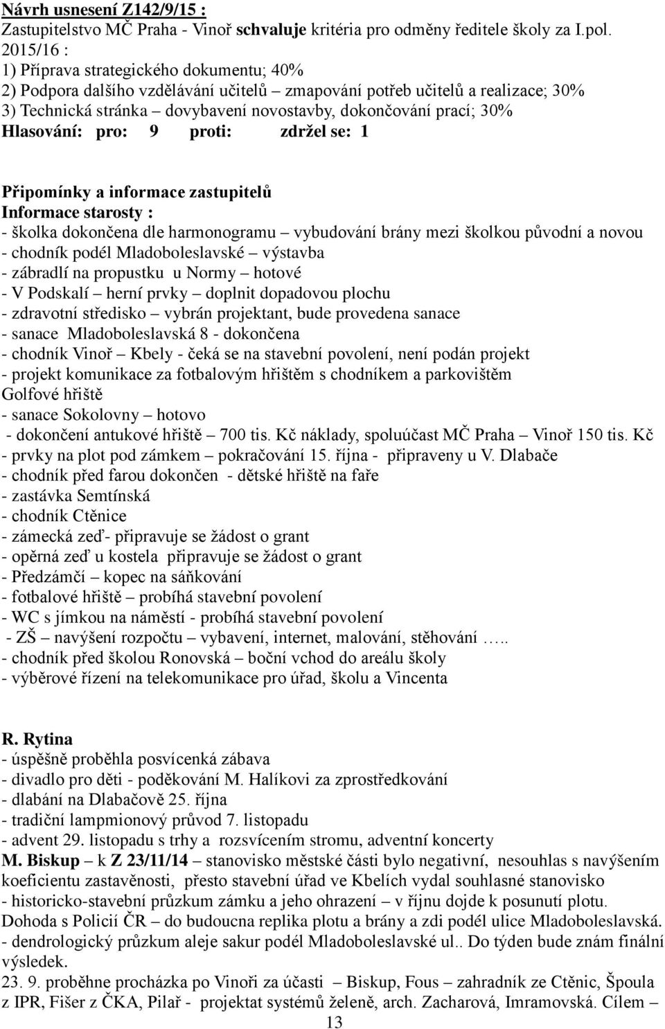 Hlasování: pro: 9 proti: zdržel se: 1 Připomínky a informace zastupitelů Informace starosty : - školka dokončena dle harmonogramu vybudování brány mezi školkou původní a novou - chodník podél