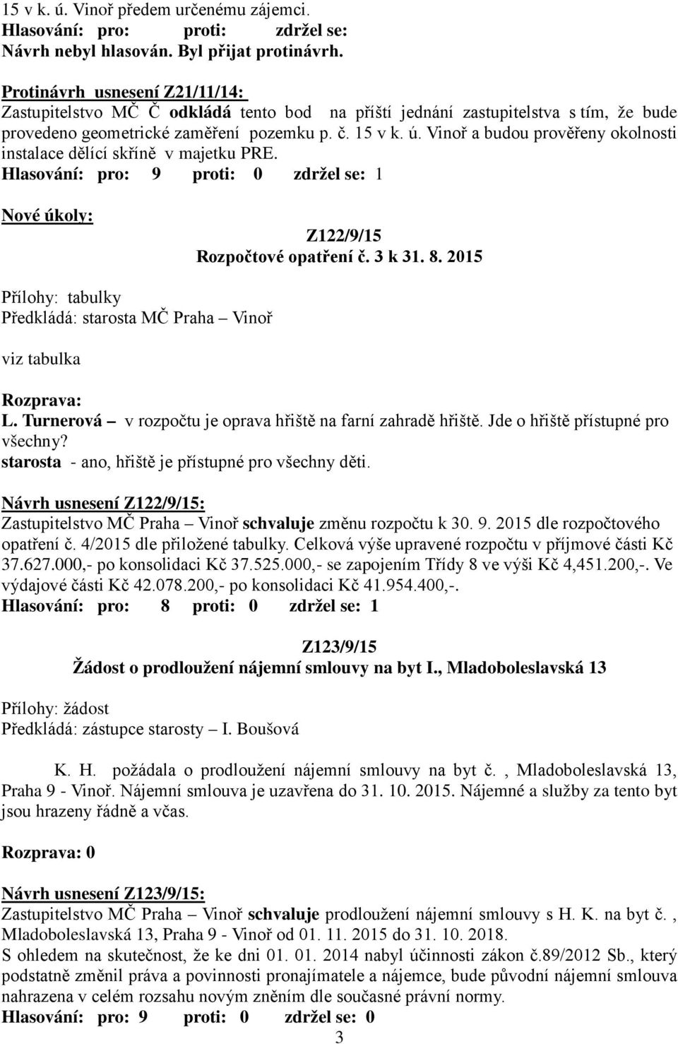 Vinoř a budou prověřeny okolnosti instalace dělící skříně v majetku PRE. Hlasování: pro: 9 proti: 0 zdržel se: 1 Nové úkoly: Z122/9/15 Rozpočtové opatření č. 3 k 31. 8.