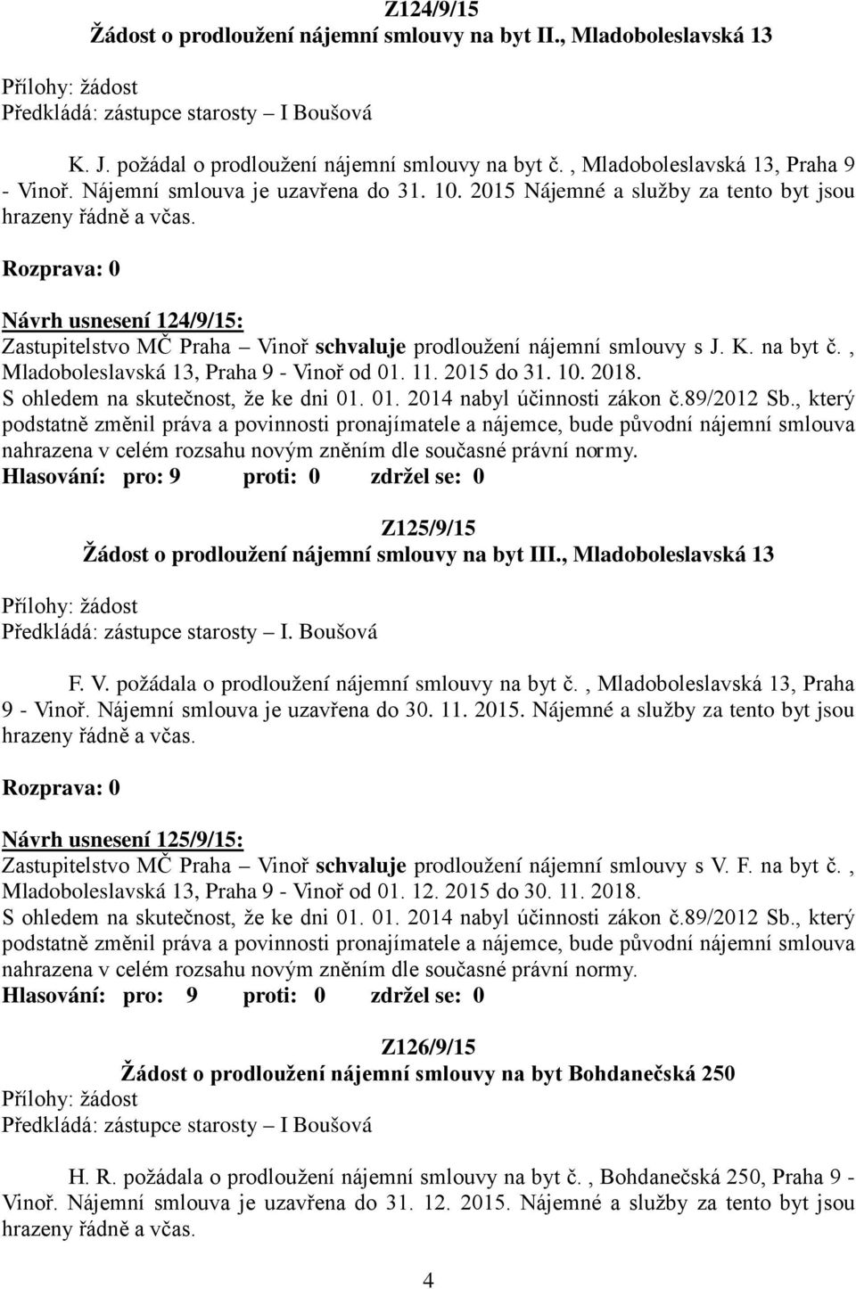 Návrh usnesení 124/9/15: Zastupitelstvo MČ Praha Vinoř schvaluje prodloužení nájemní smlouvy s J. K. na byt č., Mladoboleslavská 13, Praha 9 - Vinoř od 01. 11. 2015 do 31. 10. 2018.