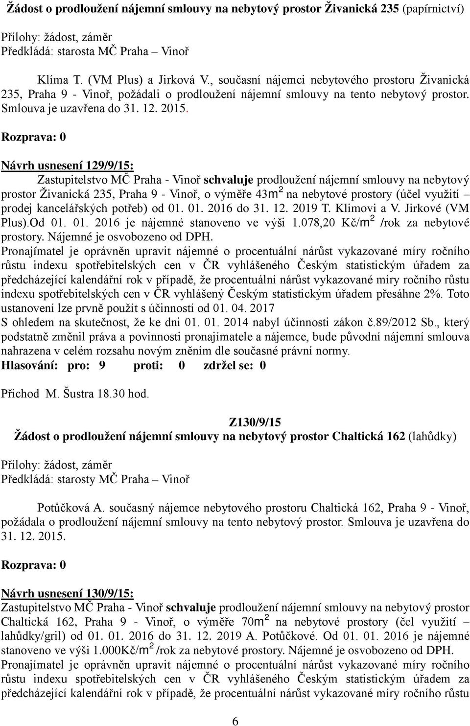 Návrh usnesení 129/9/15: Zastupitelstvo MČ Praha - Vinoř schvaluje prodloužení nájemní smlouvy na nebytový prostor Živanická 235, Praha 9 - Vinoř, o výměře 43m 2 na nebytové prostory (účel využití